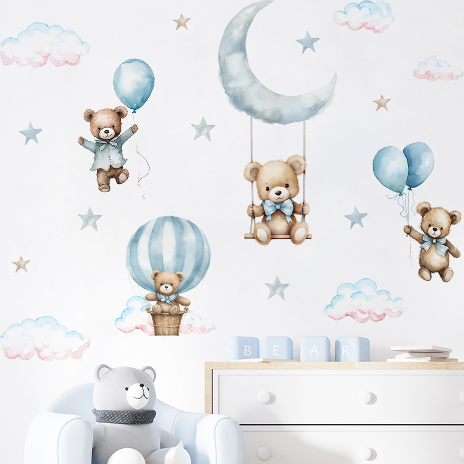 Baby Nursery Boy - Aquarell Bär Heißluftballon Wolke Wandaufkleber Blaue